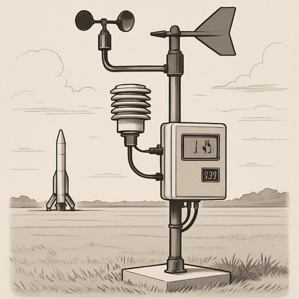 A vintage weather station with an anemometer, thermometer, and pressure gauge stands on a flat, grassy field. To the left,...