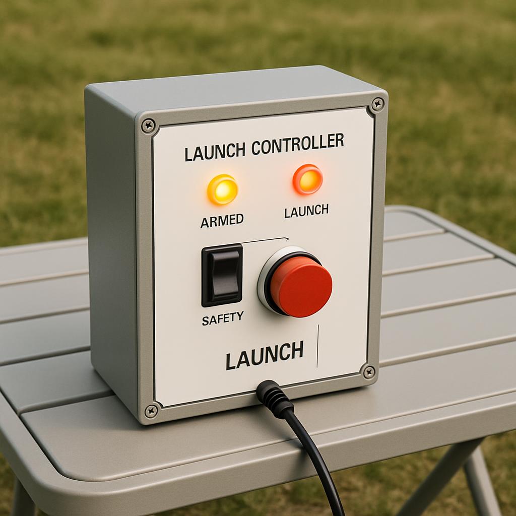 The white box, styled with the label "Launch Controller" and equipped with a safety switch as well as two status lights, o...