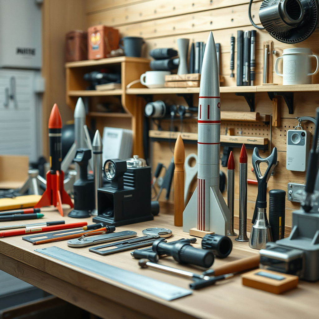 A workshop featuring a wooden table with a collection of model rockets and various associated tools.