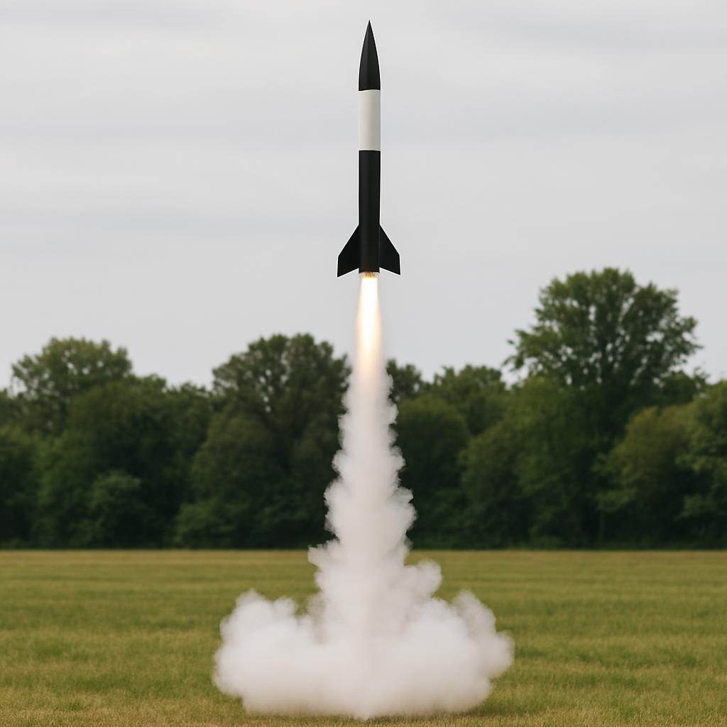 A rocket in flight, emitting a large plume of smoke as it ascends into the sky. The rocket has three fins and a cylindrica...